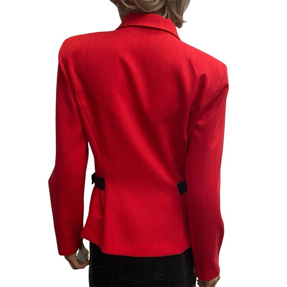 Red Blazer Jacket Women Sz 10 Fitted Black Vtg Made USA New York Pin Stripe - Picture 3 of 14